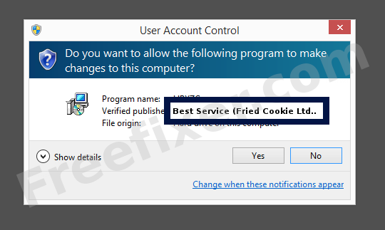 Screenshot where Best Service (Fried Cookie Ltd) appears as the verified publisher in the UAC dialog